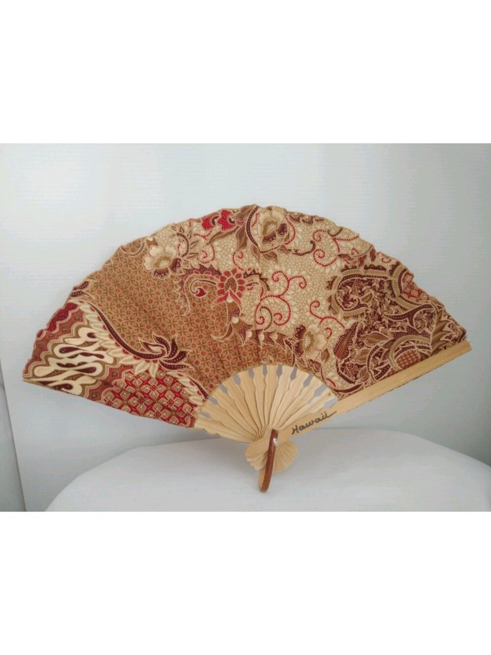Fan Hand Bamboo Cloth Tan Handmade Hawaii New Summer Fashion 15"X10"